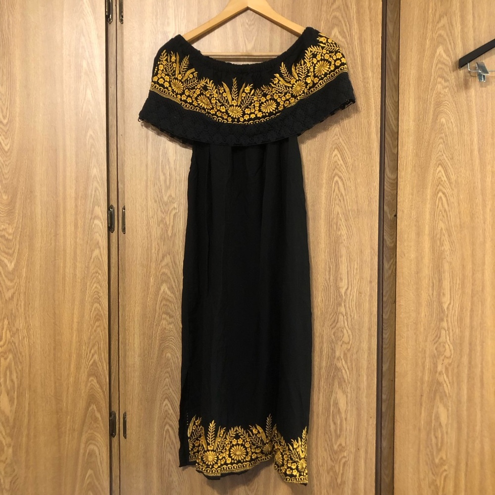Mexican Traditional Black and Gold Embroidered Off Shoulders Midi Dress